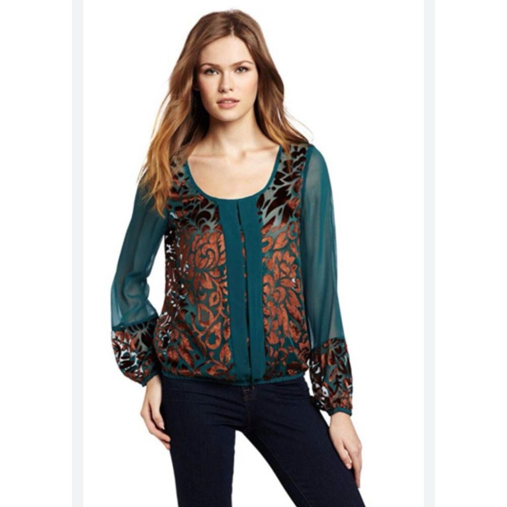 Lucky Brand Womens Blue Brown Velvet Printed Long Sleeve Sheer Blouse Top Size S